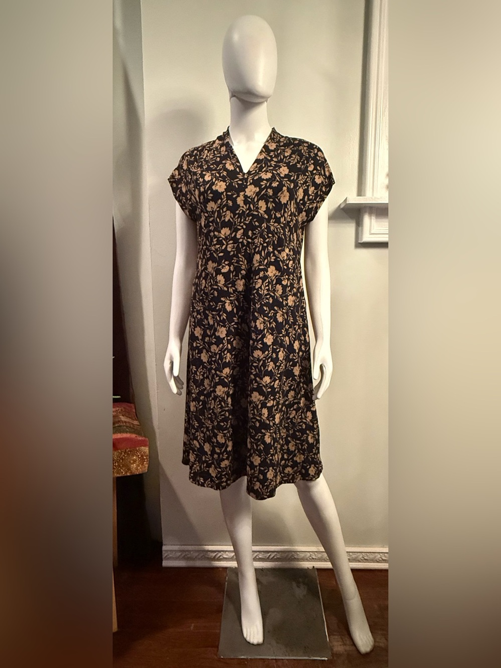 J. Jill Black Midi Dress with Tan Floral Pattern